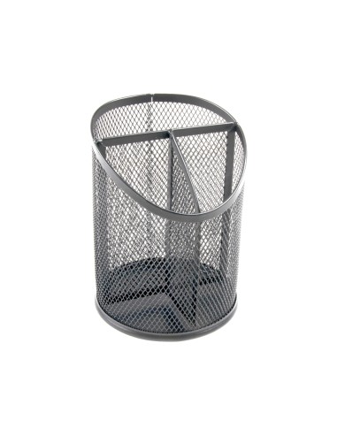 Cubilete portalapices q connect plata metal redondo rejilla con 3 compartimentos diametro 110 mm alto 147 mm