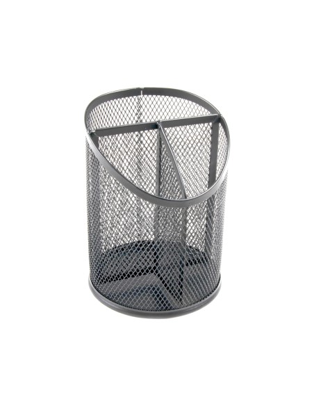 Cubilete portalapices q connect plata metal redondo rejilla con 3 compartimentos diametro 110 mm alto 147 mm