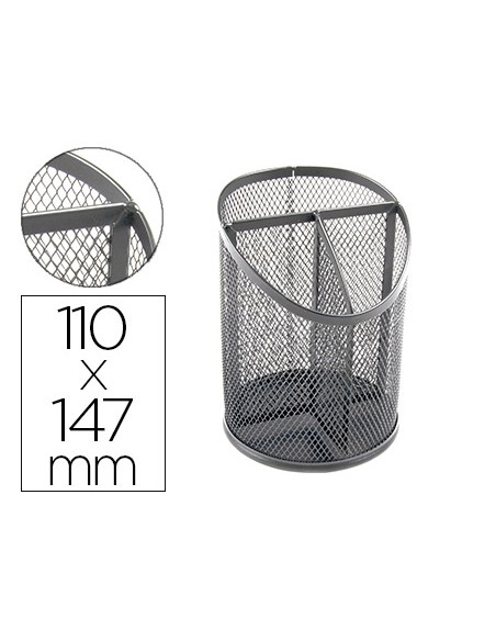 Cubilete portalapices q connect plata metal redondo rejilla con 3 compartimentos diametro 110 mm alto 147 mm