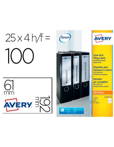 Etiqueta adhesiva avery permanente blanca 61x192 mm para lomo archivador laser caja de 100 unidades