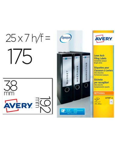 Etiqueta adhesiva avery permanente blanca 38x192 mm para lomo archivador laser caja de 175 unidades