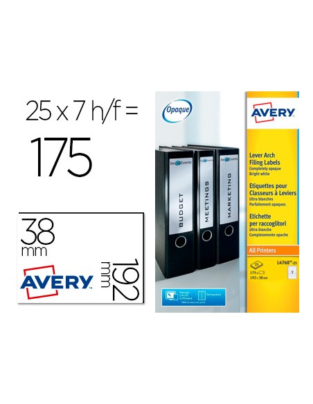 Etiqueta adhesiva avery permanente blanca 38x192 mm para lomo archivador laser caja de 175 unidades