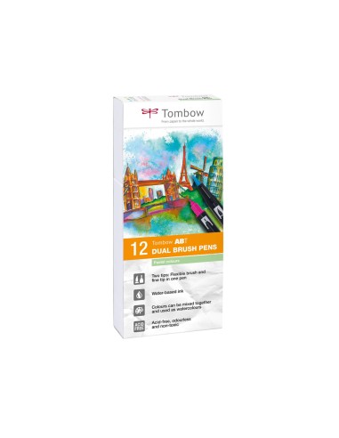 Rotulador tombow acuarelable doble punta fina pincel colores pastel estuche de 12 unidades colores surtidos