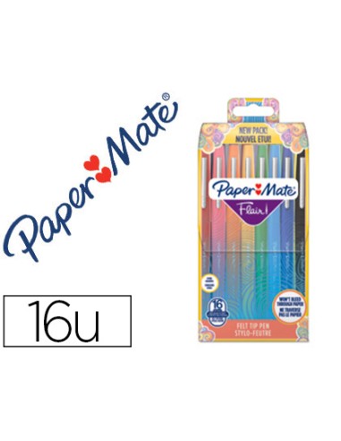 Rotulador paper mate flair original punta fibra tropical estuche rigido de 16 unidades colores surtidos