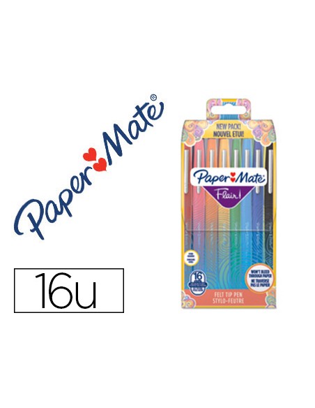 Rotulador paper mate flair original punta fibra tropical estuche rigido de 16 unidades colores surtidos