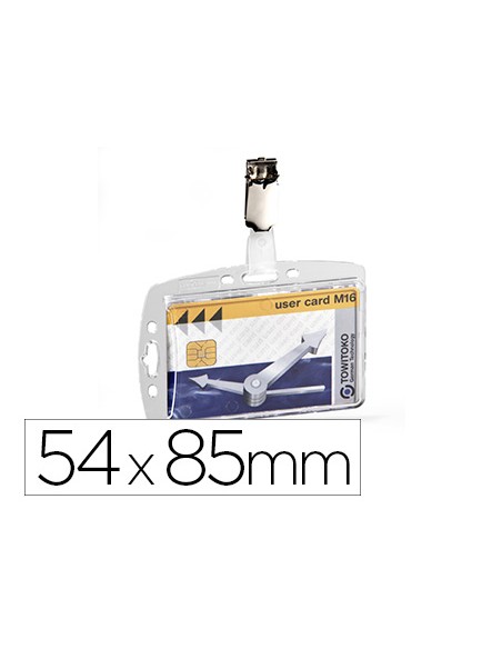 Identificador con pinza giratoria durable acrilico horizontal con unero para pases de seguridad 54x85 mm