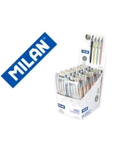 Boligrafo milan p1 silver expositor de 14 unidades retractil 1 mm estuche de 4 unidades colores surtidos