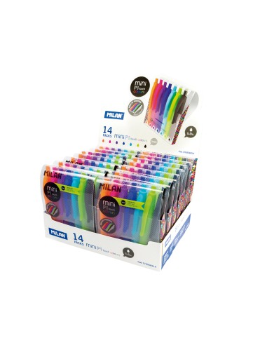 Boligrafo milan p1 retractil 1 mm touch mini estuche de 7 unidades colores surtidos expositor de 14 estuches