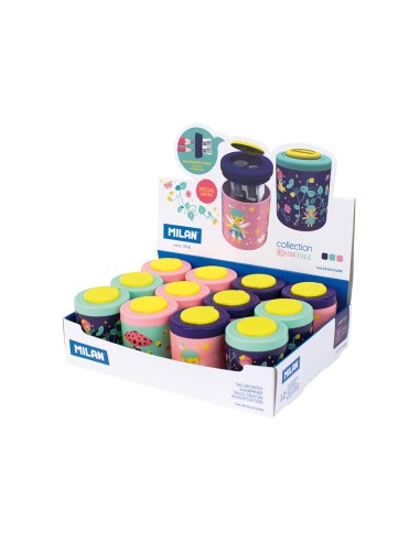 Sacapuntas milan 2 usos con deposito fairy tale expositor de 12 unidades colores surtidos