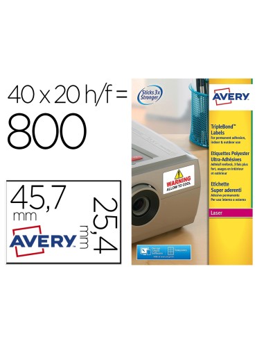 Etiqueta adhesiva avery poliester super adherente blanca 457x254 mm laser pack de 800 unidades