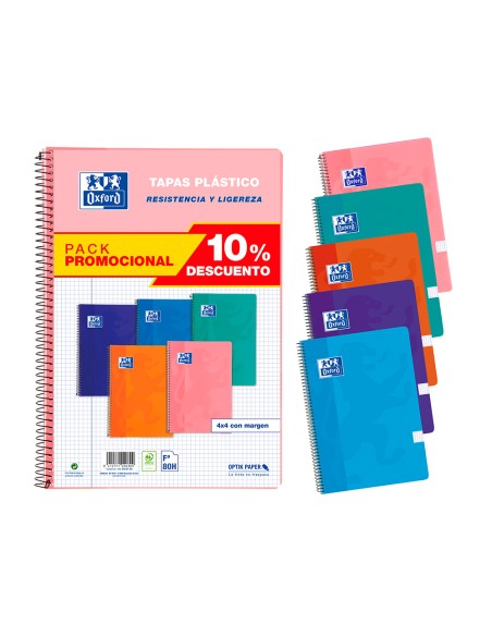 Cuaderno espiral oxford tapa plastico folio 80 hojas cuadro 4 mm pack 5 unidades colores tendecias