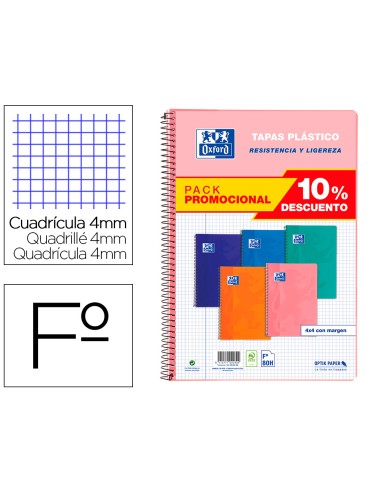 Cuaderno espiral oxford tapa plastico folio 80 hojas cuadro 4 mm pack 5 unidades colores tendecias