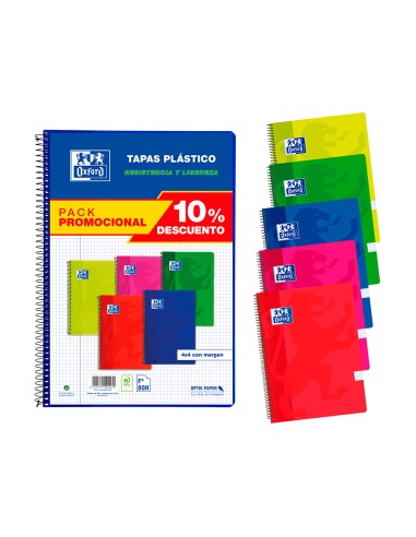 Cuaderno espiral oxford tapa plastico folio 80 hojas cuadro 4 mm pack 5 unidades colores vivos