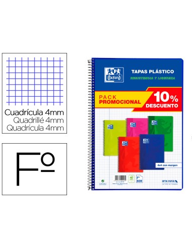 Cuaderno espiral oxford tapa plastico folio 80 hojas cuadro 4 mm pack 5 unidades colores vivos