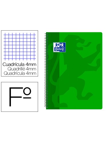 Cuaderno espiral oxford school classic tapa polipropileno folio 80 hojas cuadro 4 mm con margen verde