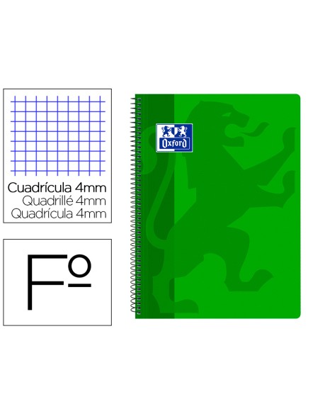 Cuaderno espiral oxford school classic tapa polipropileno folio 80 hojas cuadro 4 mm con margen verde