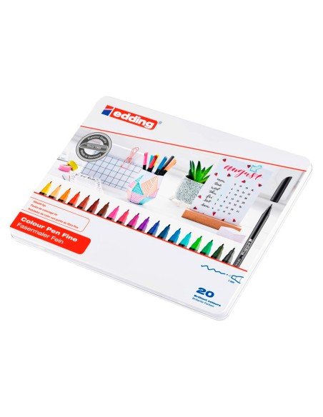 Rotulador edding punta fibra 1200 caja metalica 20 colores surtidos exp8 unidades 8 blister 4 edding 1340 regalo