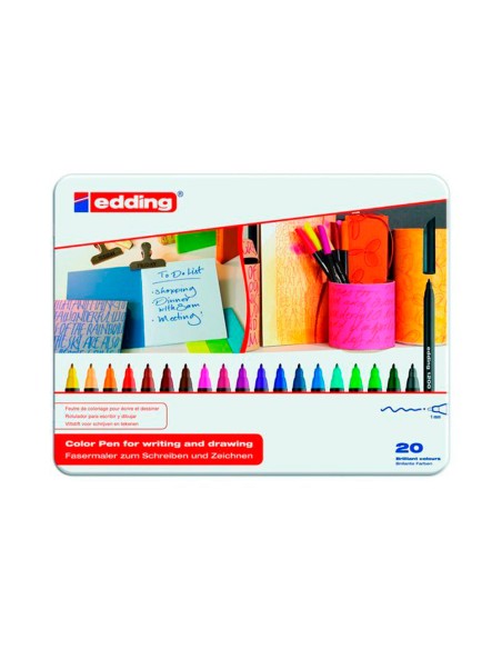 Rotulador edding punta fibra 1200 caja metalica 20 colores surtidos exp8 unidades 8 blister 4 edding 1340 regalo