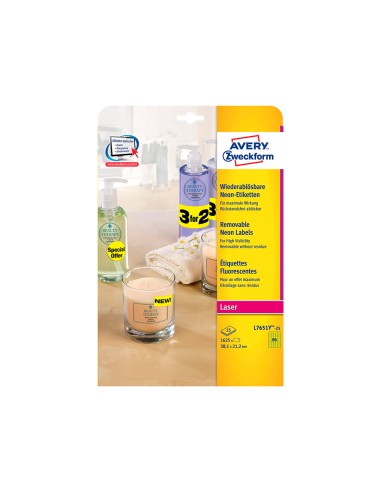 Etiqueta adhesiva avery tamano 381x212 mm removible amarillo fluorescente caja de 1625 unidades