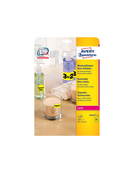 Etiqueta adhesiva avery tamano 381x212 mm removible amarillo fluorescente caja de 1625 unidades