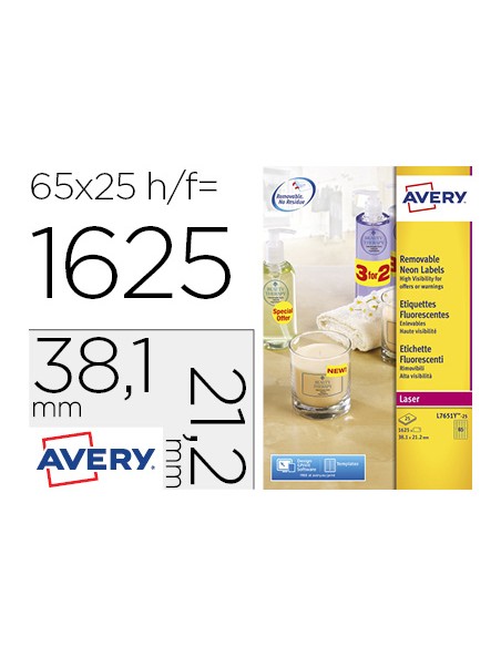 Etiqueta adhesiva avery tamano 381x212 mm removible amarillo fluorescente caja de 1625 unidades