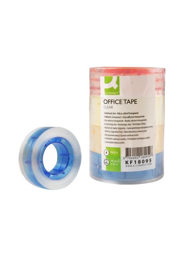 Cinta adhesiva q connect transparente 25 mt x 18 mm con madril de color pack de 4 unidades