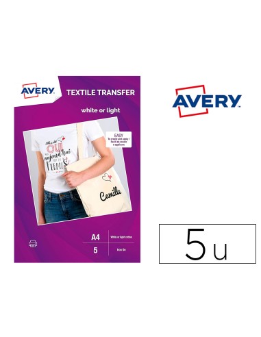 Papel transfer avery algodon claros ink jet din a4 pack de 5 hojas