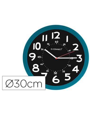 Reloj q connect de pared plastico oficina redondo 30 cm color azul y esfera color negro