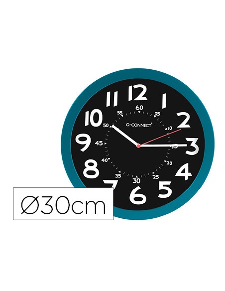 Reloj q connect de pared plastico oficina redondo 30 cm color azul y esfera color negro