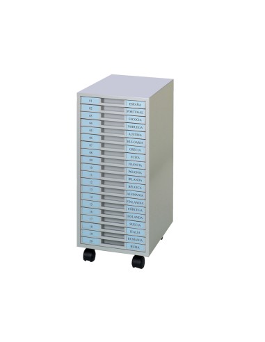 Archivador metalico clen 20 bandejas plastico de 25 cm de altura con ruedas color gris claro 680x303x371 mm