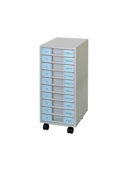 Archivador metalico clen 10 bandejas plastico de 55 cm de altura con ruedas color gris claro 680x303x371 mm