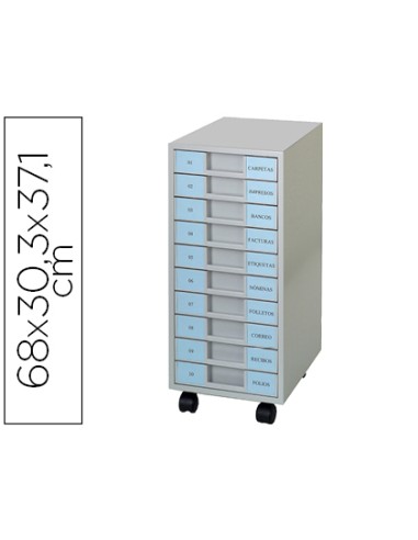 Archivador metalico clen 10 bandejas plastico de 55 cm de altura con ruedas color gris claro 680x303x371 mm