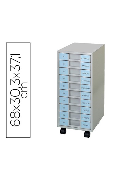 Archivador metalico clen 10 bandejas plastico de 55 cm de altura con ruedas color gris claro 680x303x371 mm