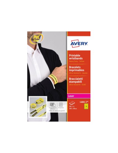 Pulsera identificativa avery polietileno amarillo fluorescente imprimible laser 265x18 mm pack de 50 unidades