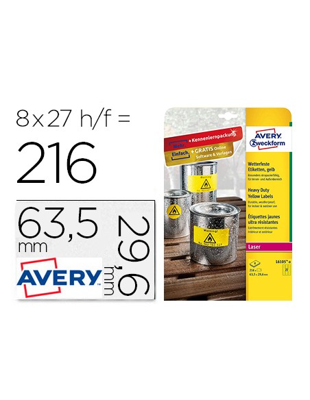 Etiqueta adhesiva avery poliester amarillo fluorescente 635x296 mm pack de 8 unidades