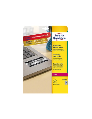 Etiqueta adhesiva resistente avery poliester plata 457x212 mm laser pack de 8 unidades