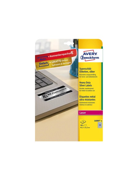 Etiqueta adhesiva resistente avery poliester plata 457x212 mm laser pack de 8 unidades