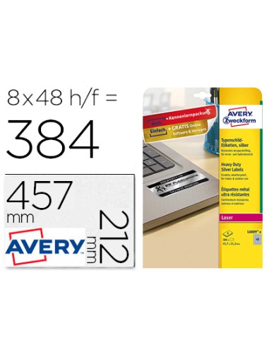 Etiqueta adhesiva resistente avery poliester plata 457x212 mm laser pack de 8 unidades