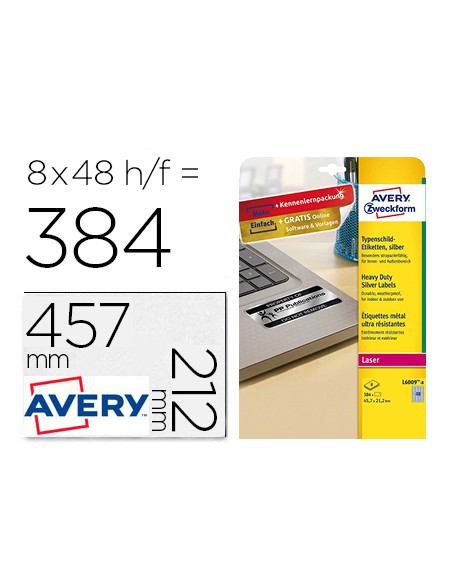 Etiqueta adhesiva resistente avery poliester plata 457x212 mm laser pack de 8 unidades