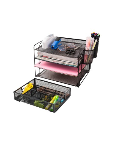 Organizador sobremesa q connect kf17291 bandeja metalica rejilla negra con 6 departamentos 235x183x65 mm