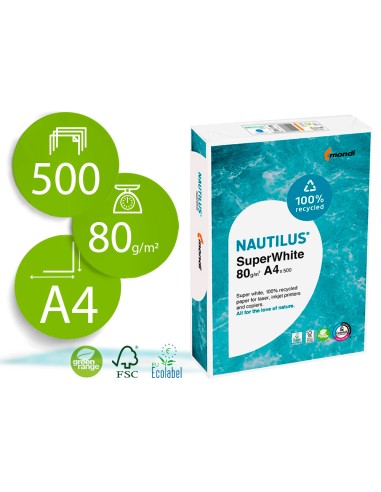 Papel fotocopiadora nautilus superwhite 100 reciclado din a4 80 gramos paquete de 500 hojas