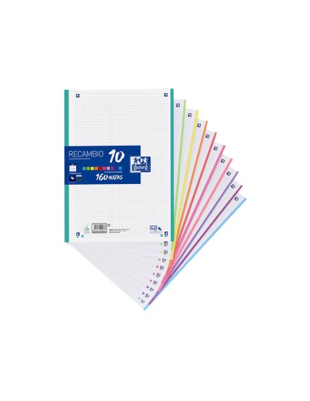 Recambio color oxford a4 160 hojas 90 gr optik paper cuadro 5 mm 4 taladros banda 10 colores