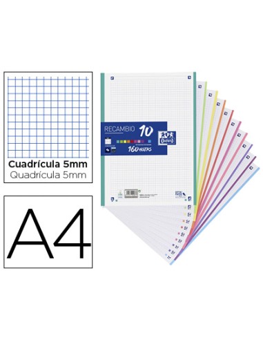 Recambio color oxford a4 160 hojas 90 gr optik paper cuadro 5 mm 4 taladros banda 10 colores