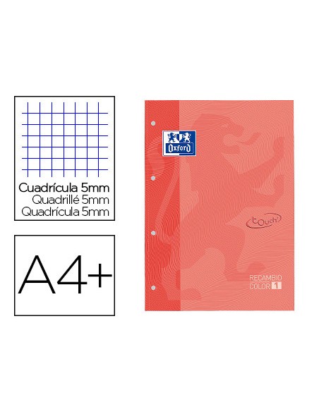 Recambio color 1 oxford din a4 80 hojas 90 gr cuadricula 5 mm tapa blanda 4 taladros coral touch