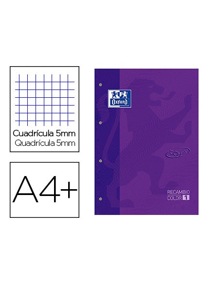 Recambio color 1 oxford din a4 80 hojas 90 gr cuadricula 5 mm tapa blanda 4 taladros lila touch