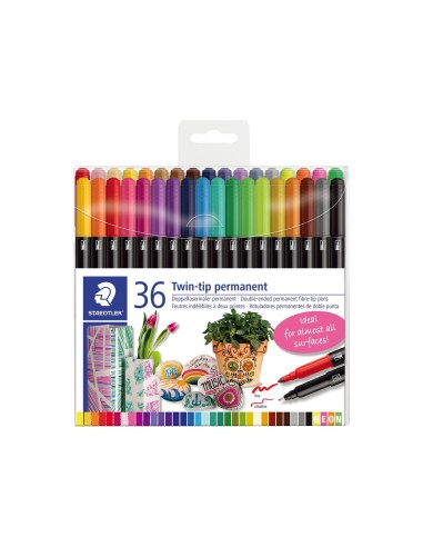 Rotulador staedtler permanente doble punta 3187 estuche de 36 unidades colores surtidos
