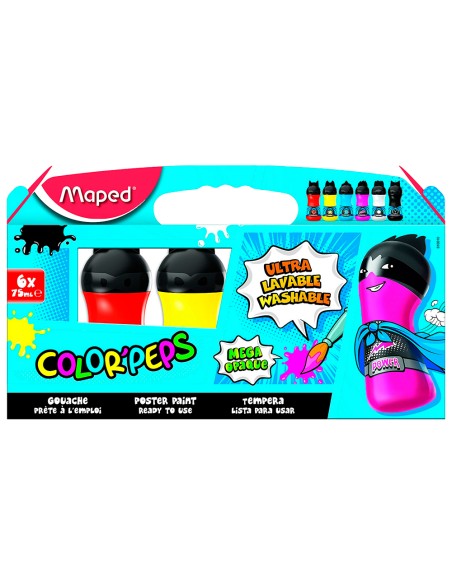 Tempera maped color peps ultra lavable caja de 6 colores surtidos primarios 75 ml