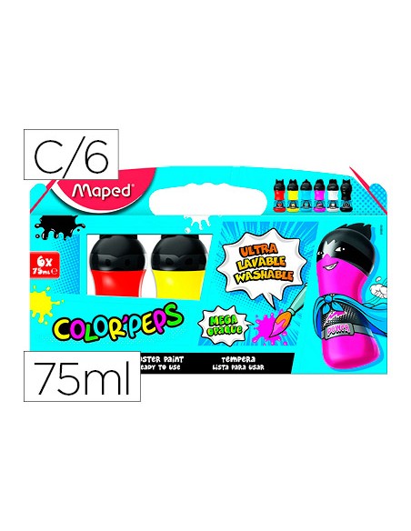 Tempera maped color peps ultra lavable caja de 6 colores surtidos primarios 75 ml