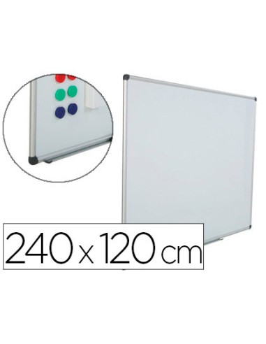 Pizarra blanca rocada acero vitrificado magnetico marco aluminio y cantoneras pvc 240x120 cm incluye bandeja