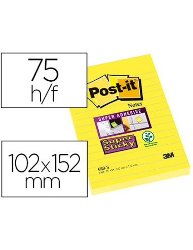 Bloc de notas adhesivas quita y pon post it super sticky rayado amarillo ultra 102x152 mm